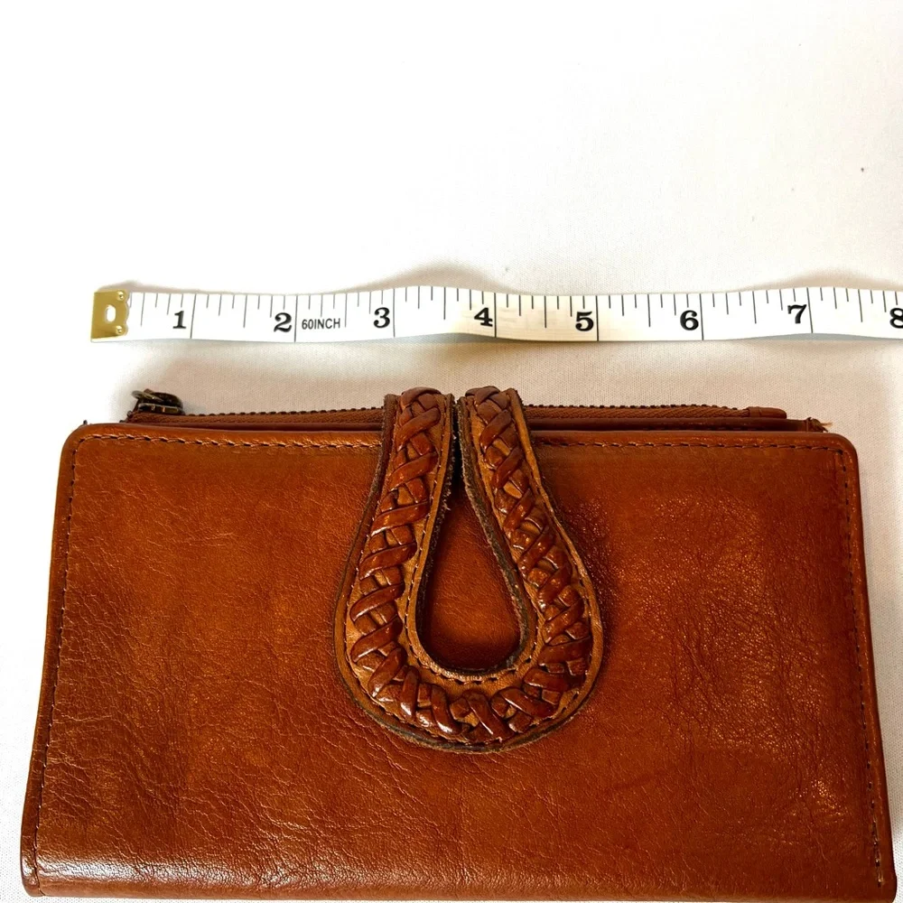 Genuine Leather Braided Tab Wallet Boho Brown Bifold Checkbook Organizer - Picture 5 of 10